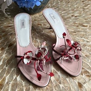 Vintage PRADA Mule Kitten Heel Sandal with Flower Embellishments, Size 38.5